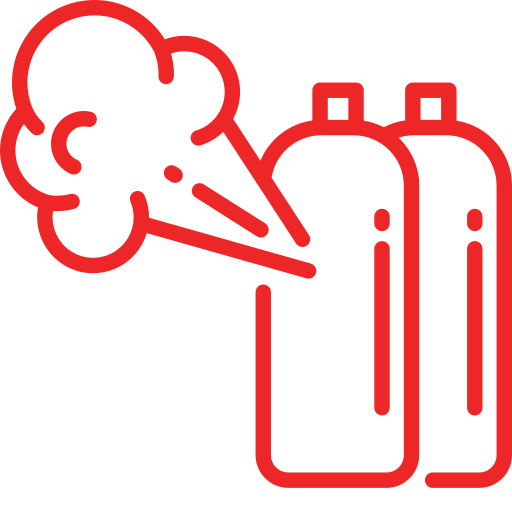 A red line icon depicts two vertical gas cylinders on a transparent background, with one cylinder releasing a plume of vapor or gas from its top. The simplified design uses bold, clean outlines to represent a pressurized gas system or a potential leak.