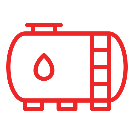 A simple red line icon of a horizontal storage tank is shown against a transparent background. The design includes a liquid droplet symbol on the side, a top access port, and a ladder on the right.