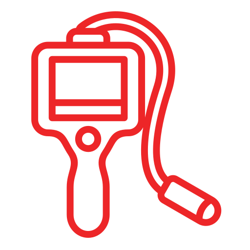 A red line icon of a handheld digital monitor with a connected probe cable is displayed against a transparent background. The device features a square screen and a single circular button on the handle, commonly used to represent inspection or diagnostic tools.