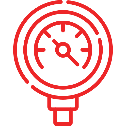 A red line icon of a circular pressure gauge with a needle pointing to the lower right is centered on a transparent background. The simplified design uses clean, bold outlines to represent a standard industrial measurement tool.