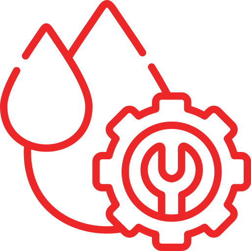 A red line icon featuring two liquid droplets in the background with a mechanical gear and wrench in the foreground is shown on a transparent background. This simplified graphic is often used to represent maintenance or repair services for liquid storage and transport systems.