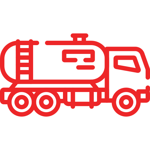A red line icon of a tanker truck is displayed in profile against a transparent background. The simplified design includes three wheels, a rear ladder, and a top access port on the storage tank.