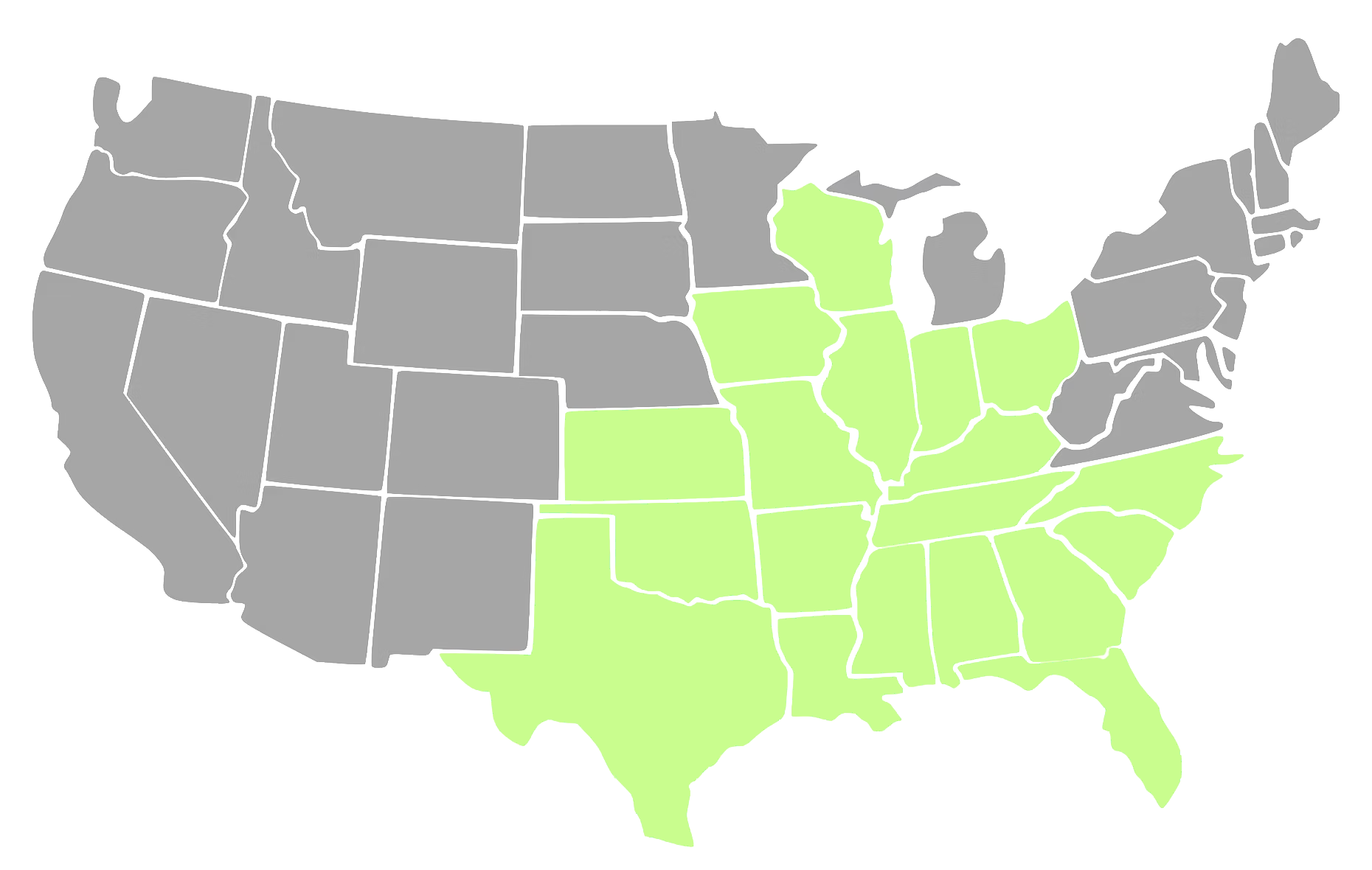 A map of the United States highlights a large contiguous region of the South, Midwest, and Great Lakes in lime green against a gray background. The highlighted area extends from Texas and Florida in the south up to Wisconsin and Michigan in the north, including several East Coast states like North Carolina and Georgia.
